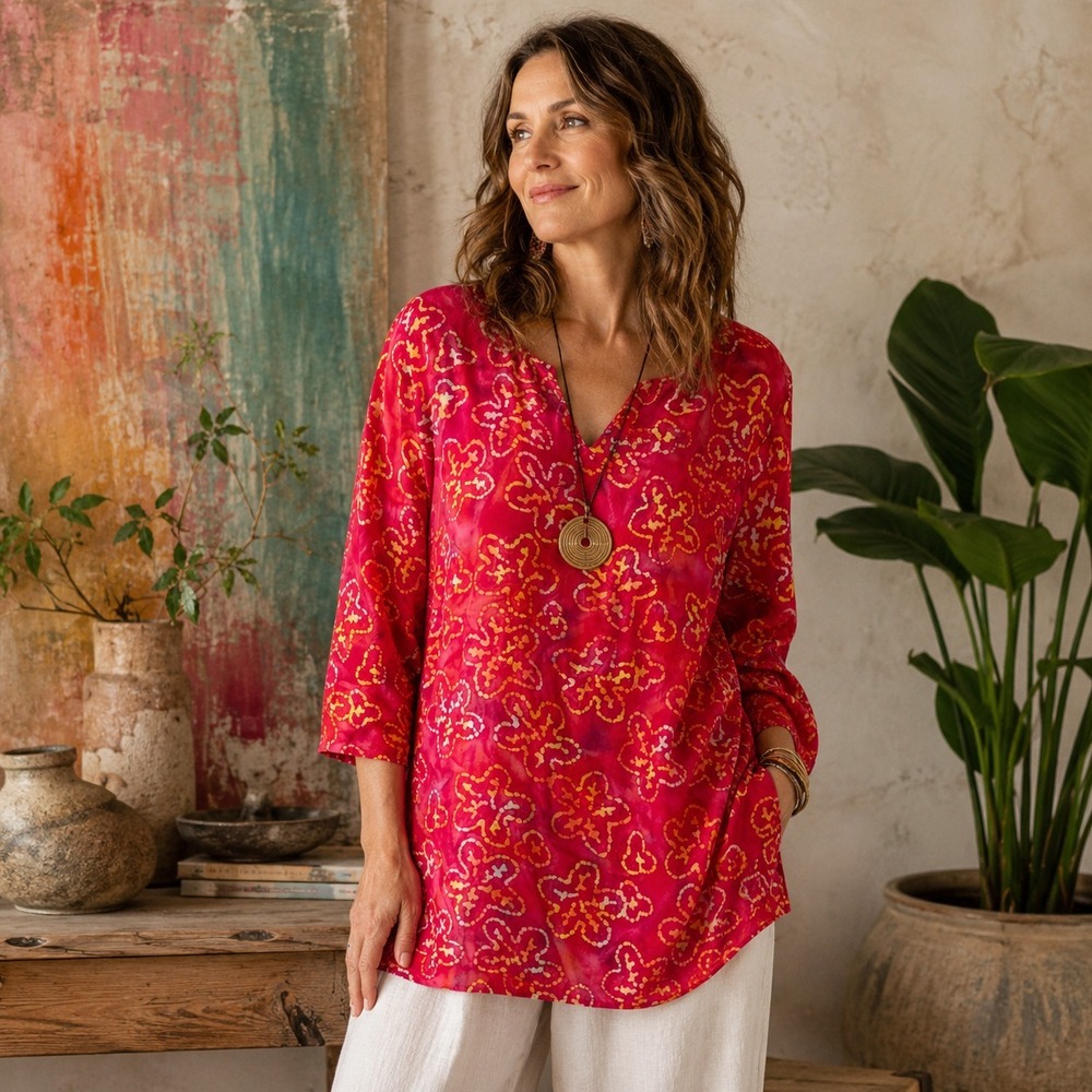 Vintage Vermont Country Store Batik Floral Rayon Tunic Top Sz M Boho Cottage